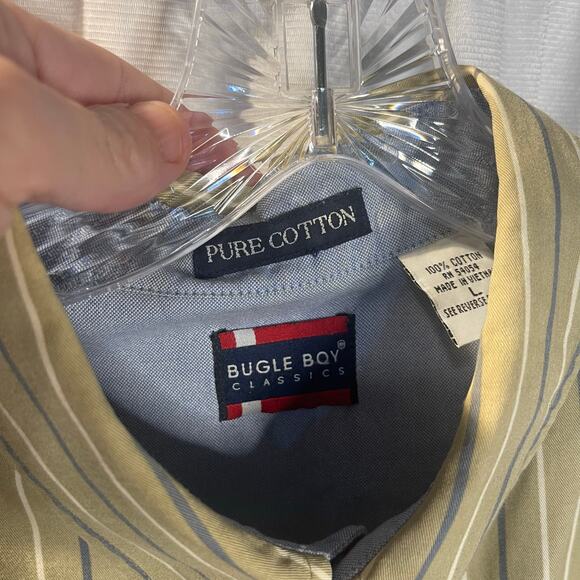 Bugle Boy Classics Mens Large Button Up shirt Brown W/White and blue stripes - Picture 2 of 9